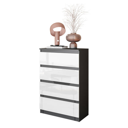 GABRIEL - Komoda se 4 šuplíky - Skříň na oblečení do ložnice - Antracit / Bílý lesk - H92cm Š60cm D33cm