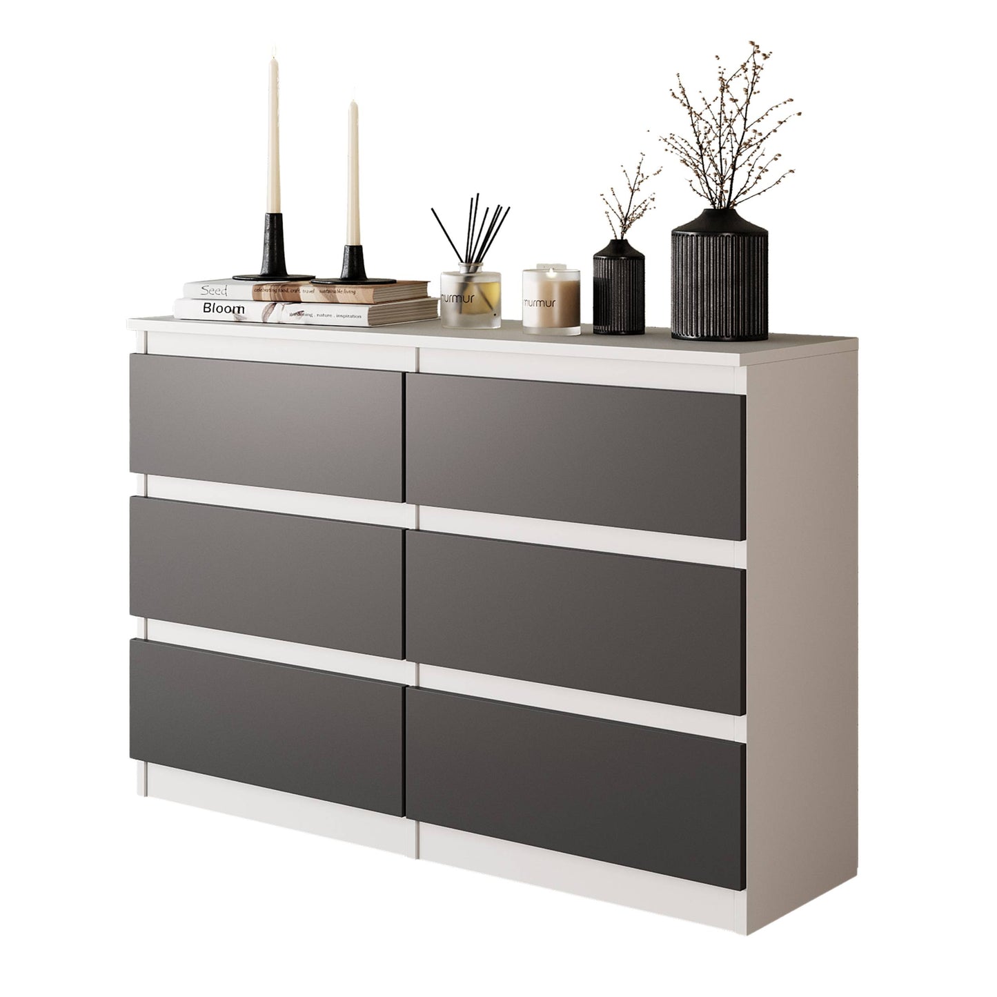 GABRIEL - Komoda se 6 šuplíky - Skříň na oblečení do ložnice - Bílá matná / Antracit - H71cm Š100cm D33cm