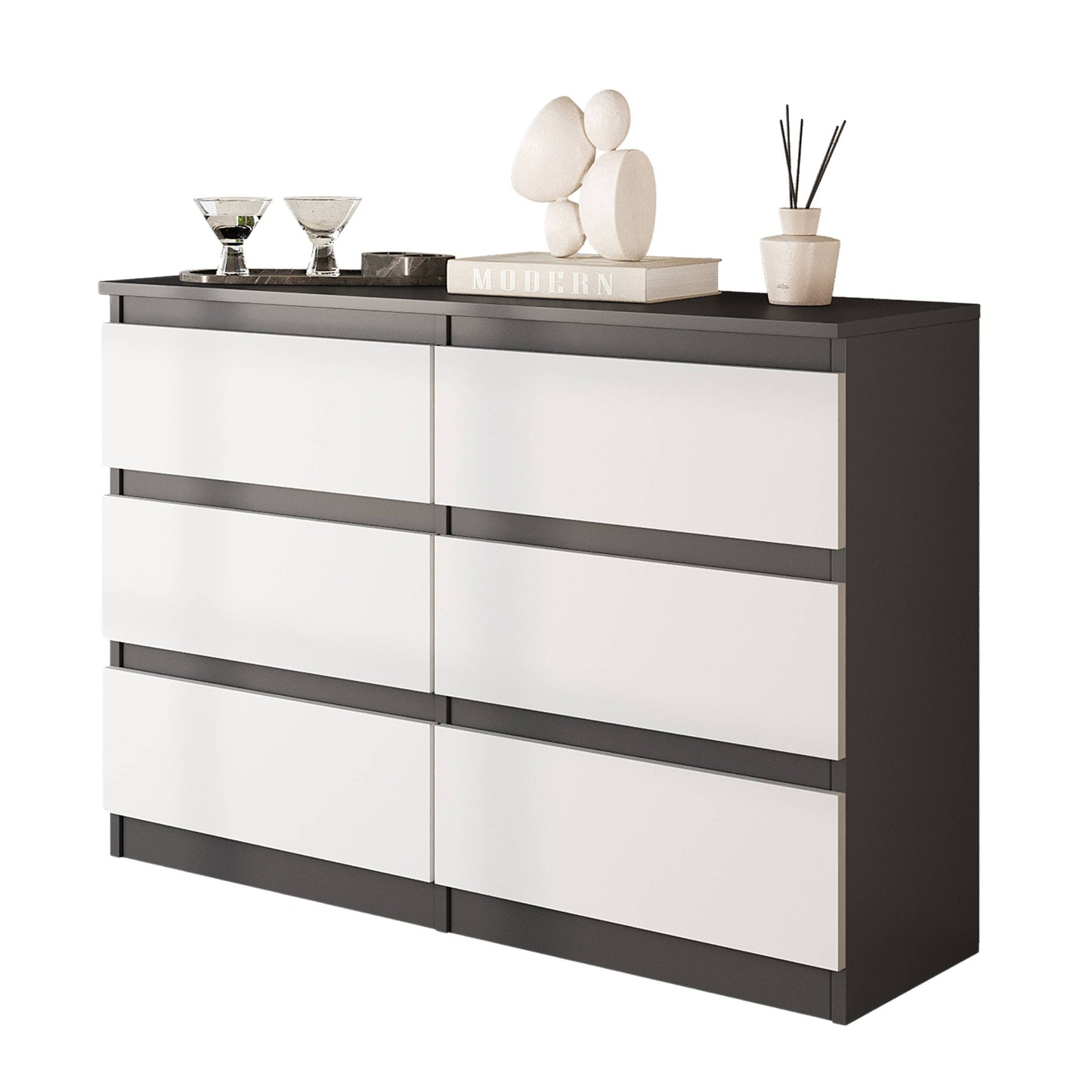 GABRIEL - Komoda se 6 šuplíky - Skříň na oblečení do ložnice - Antracit / Bílá matná - H71cm Š100cm D33cm