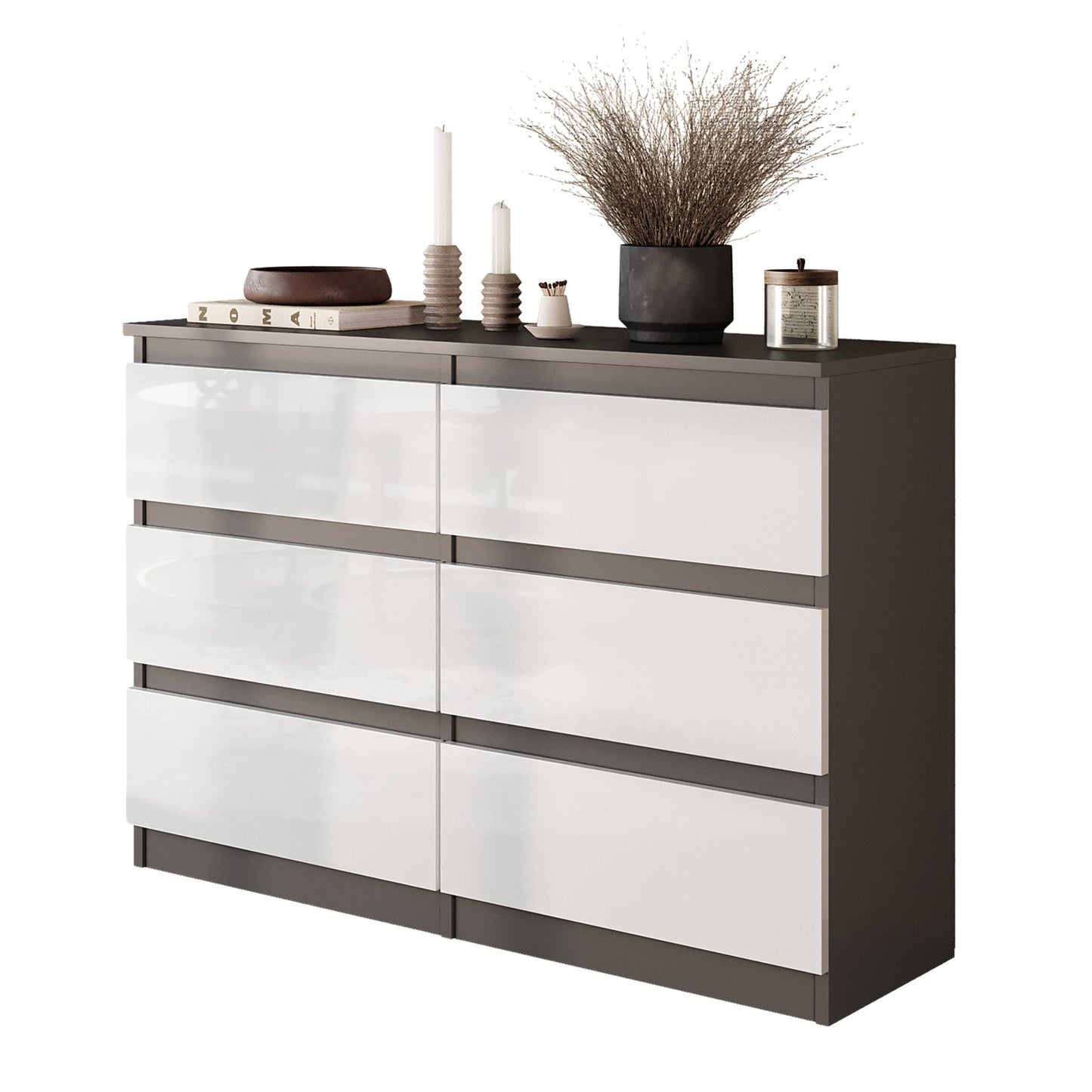GABRIEL - Komoda se 6 šuplíky - Skříň na oblečení do ložnice - Antracit / Bílý lesk - H71cm Š100cm D33cm