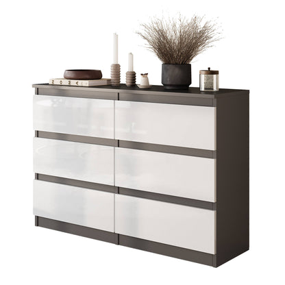 GABRIEL - Komoda se 6 šuplíky - Skříň na oblečení do ložnice - Antracit / Bílý lesk - H71cm Š100cm D33cm