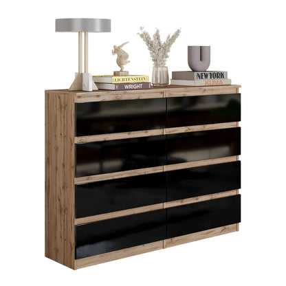 GABRIEL - Komoda se 8 šuplíky - Skříň na oblečení do ložnice - Dub Wotan / Černý lesk - H92cm Š120cm D33cm