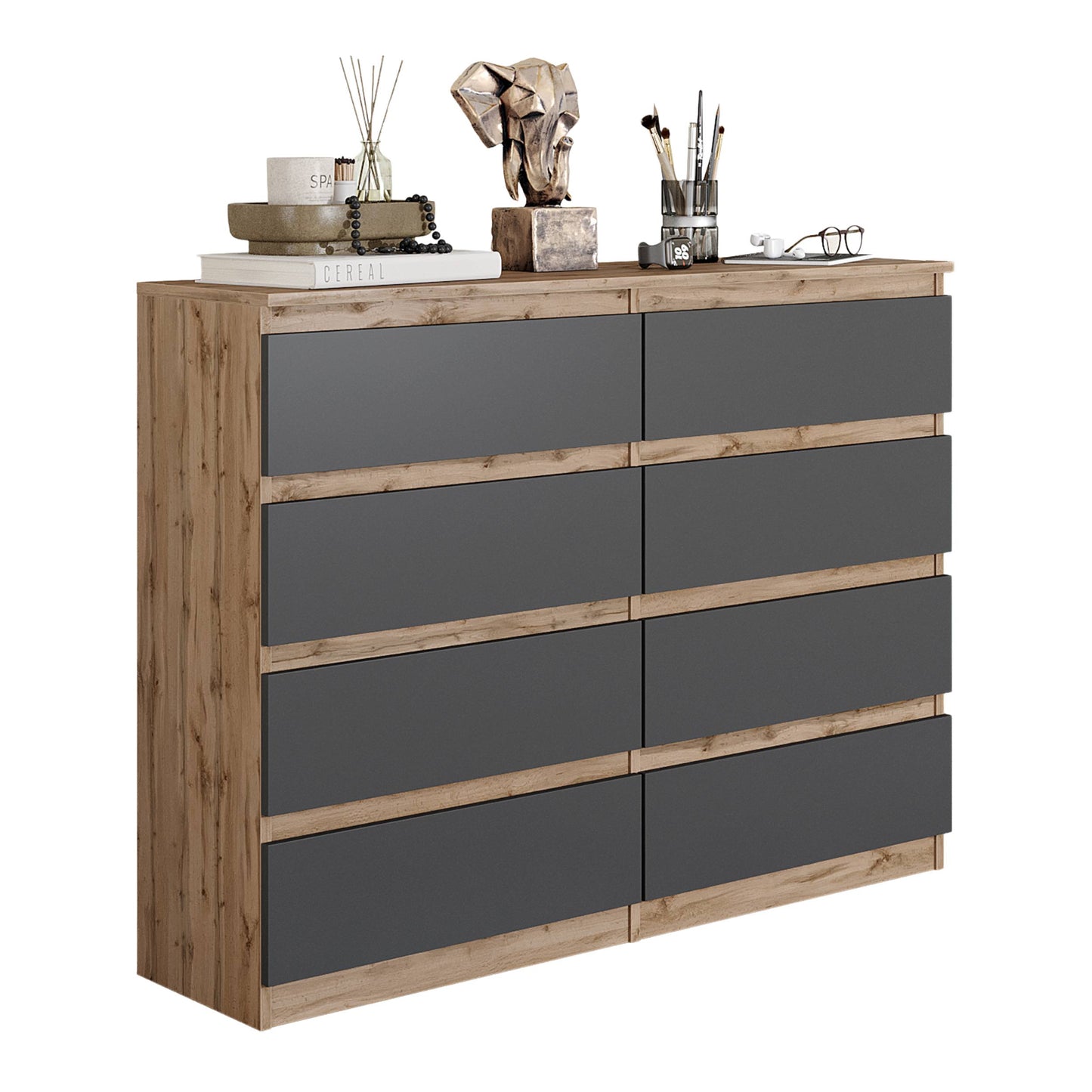 GABRIEL - Komoda se 8 šuplíky - Skříň na oblečení do ložnice - Dub Wotan / Antracit - H92cm Š120cm D33cm