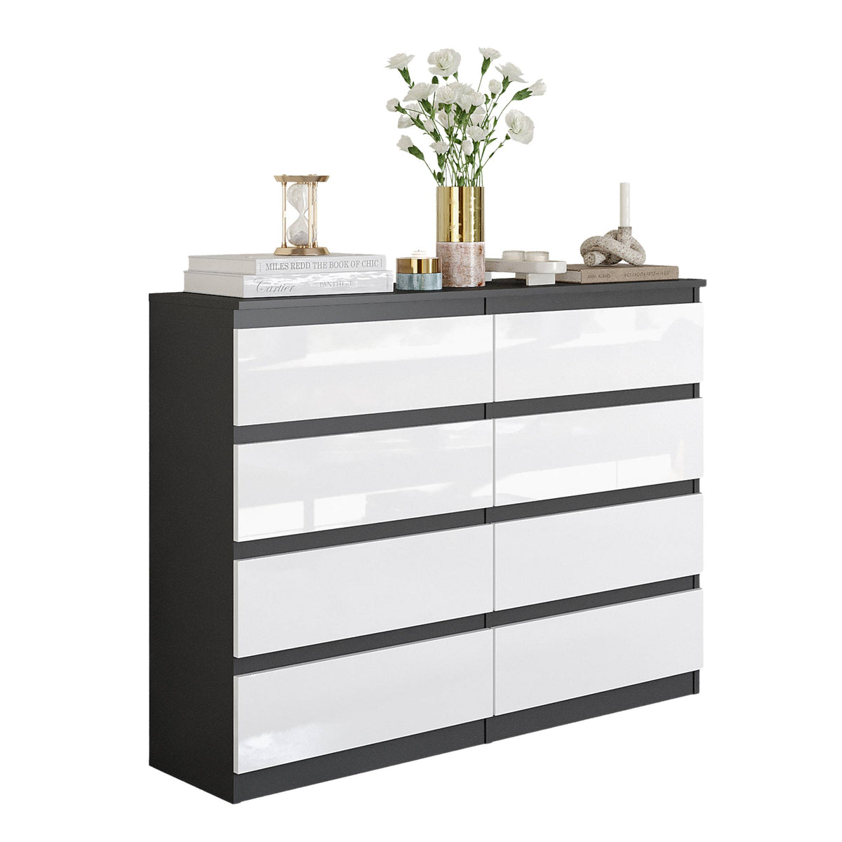 GABRIEL - Komoda se 8 šuplíky - Skříň na oblečení do ložnice - Antracit / Bílý lesk - H92cm Š120cm D33cm