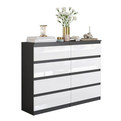 GABRIEL - Komoda se 8 šuplíky - Skříň na oblečení do ložnice - Antracit / Bílý lesk - H92cm Š120cm D33cm