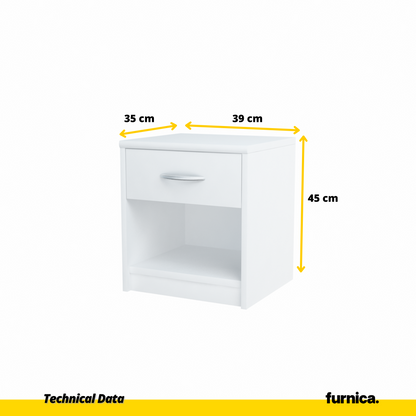 JULIA - Noční stolek - Stolík vedle postele s 1 šuplíkem - Bílý matný povrch H45cm Š39cm D35cm