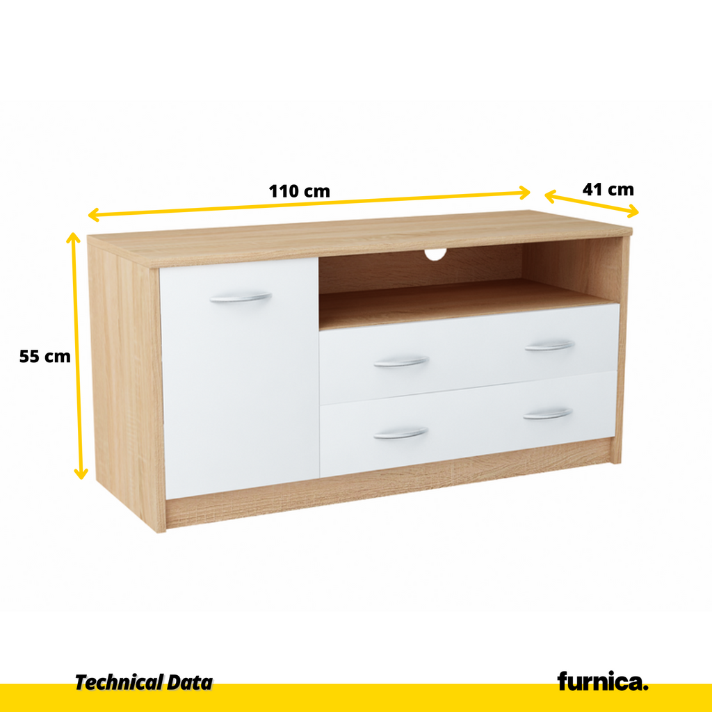 JULIA - TV stojan s 2 šuplíky a 1 dveřmi - Sonoma dub / bílý matný H55cm W110cm D41cm