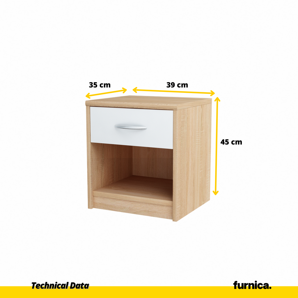 JULIA - Noční stolek - Stolík vedle postele s 1 šuplíkem - Sonoma dub / bílý matný - Výška 45 cm, šířka 39 cm, hloubka 35 cm.