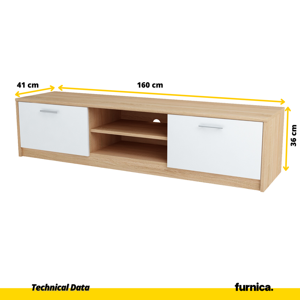 JANE - TV stojan se 2 dveřmi a 1 poličkou - Sonoma dub / bílý matný - Výška 36 cm, šířka 160 cm, hloubka 41 cm.