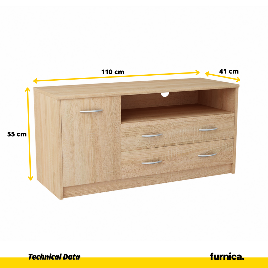 JULIA - TV stojan s 2 šuplíky a 1 dveřmi - Sonoma dub H55cm W110cm D41cm