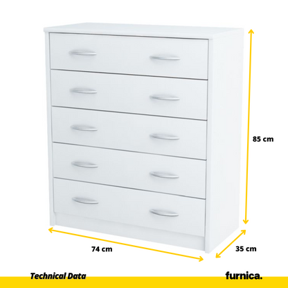 JULIA - Komoda se 5 šuplíky - Skříň na uložení oblečení do ložnice - Bílá matná barva - Výška 85 cm, šířka 74 cm, hloubka 35 cm.