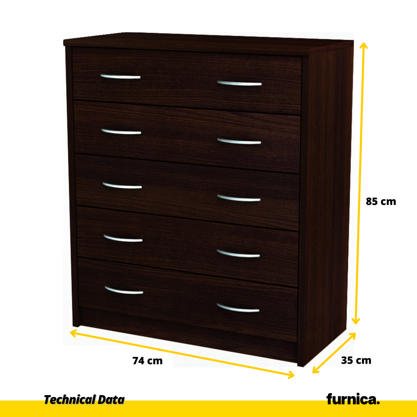 JULIA - Komoda se 5 šuplíky - Skříň na uložení oblečení do ložnice - Wenge - V85cm Š74cm H35cm