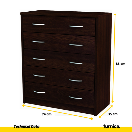 JULIA - Komoda se 5 šuplíky - Skříň na uložení oblečení do ložnice - Wenge - V85cm Š74cm H35cm