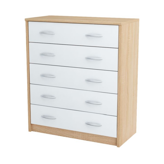 JULIA - Komoda se 5 šuplíky - Skříň na uložení oblečení do ložnice - Sonoma dub / bílý matný povrch H85cm Š74cm D35cm