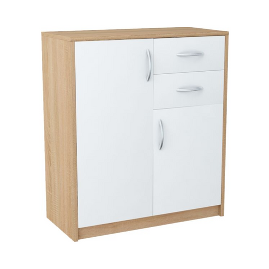 JULIA - Komoda se 2 šuplíky a 2 dveřmi - Skříň na oblečení do ložnice - Sonoma dub / bílý matný - Výška 85 cm, šířka 74 cm, hloubka 35 cm.
