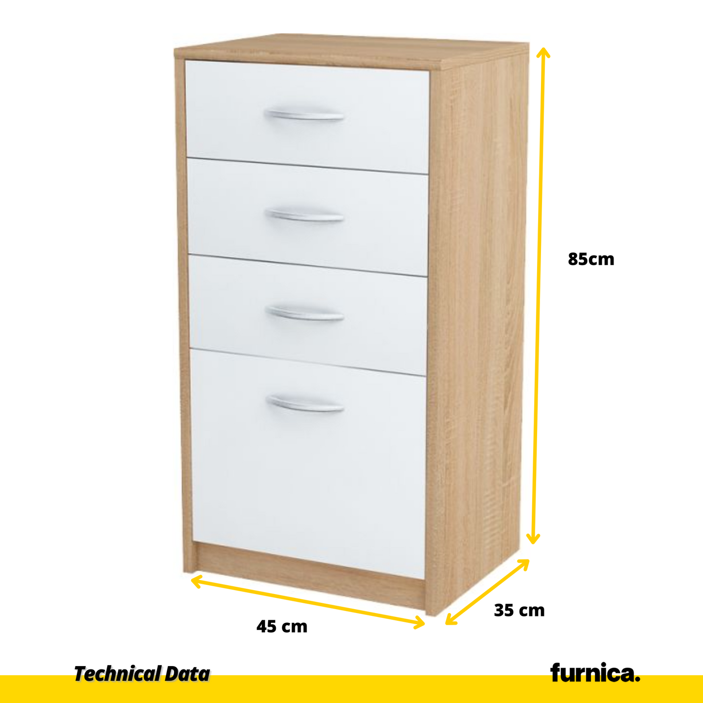 JULIA - Komoda se 4 zásuvkami - Skříň na uložení oblečení do ložnice - Sonoma dub / bílý matný povrch - Výška 85 cm, šířka 45 cm, hloubka 35 cm.