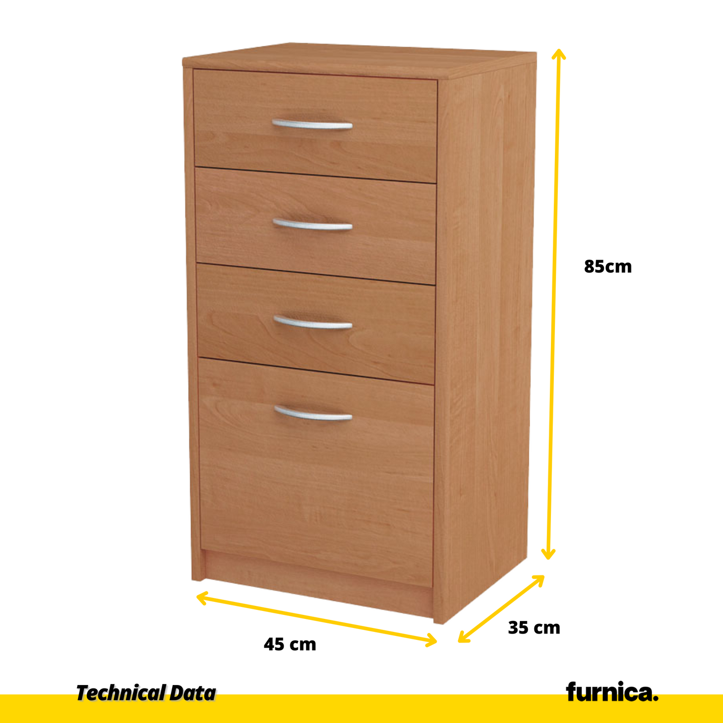 JULIA - Komoda se 4 zásuvkami - Skříň na uložení oblečení do ložnice - Jídelní skříň - Olše - V: 85 cm, Š: 45 cm, H: 35 cm