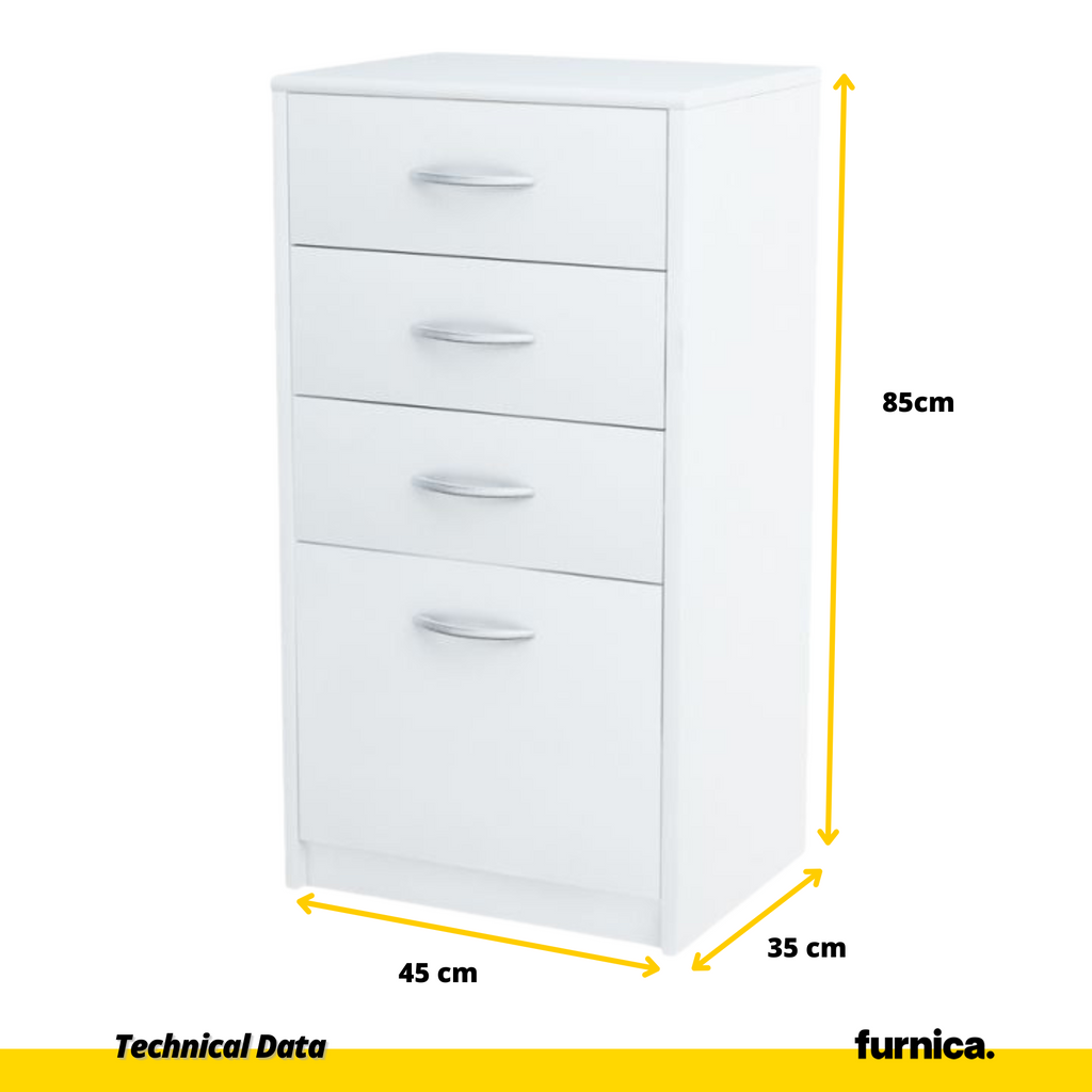 JULIA - Komoda se 4 zásuvkami - Skříň na uložení oblečení do ložnice - Bílá matná barva - Výška 85 cm, šířka 45 cm, hloubka 35 cm.