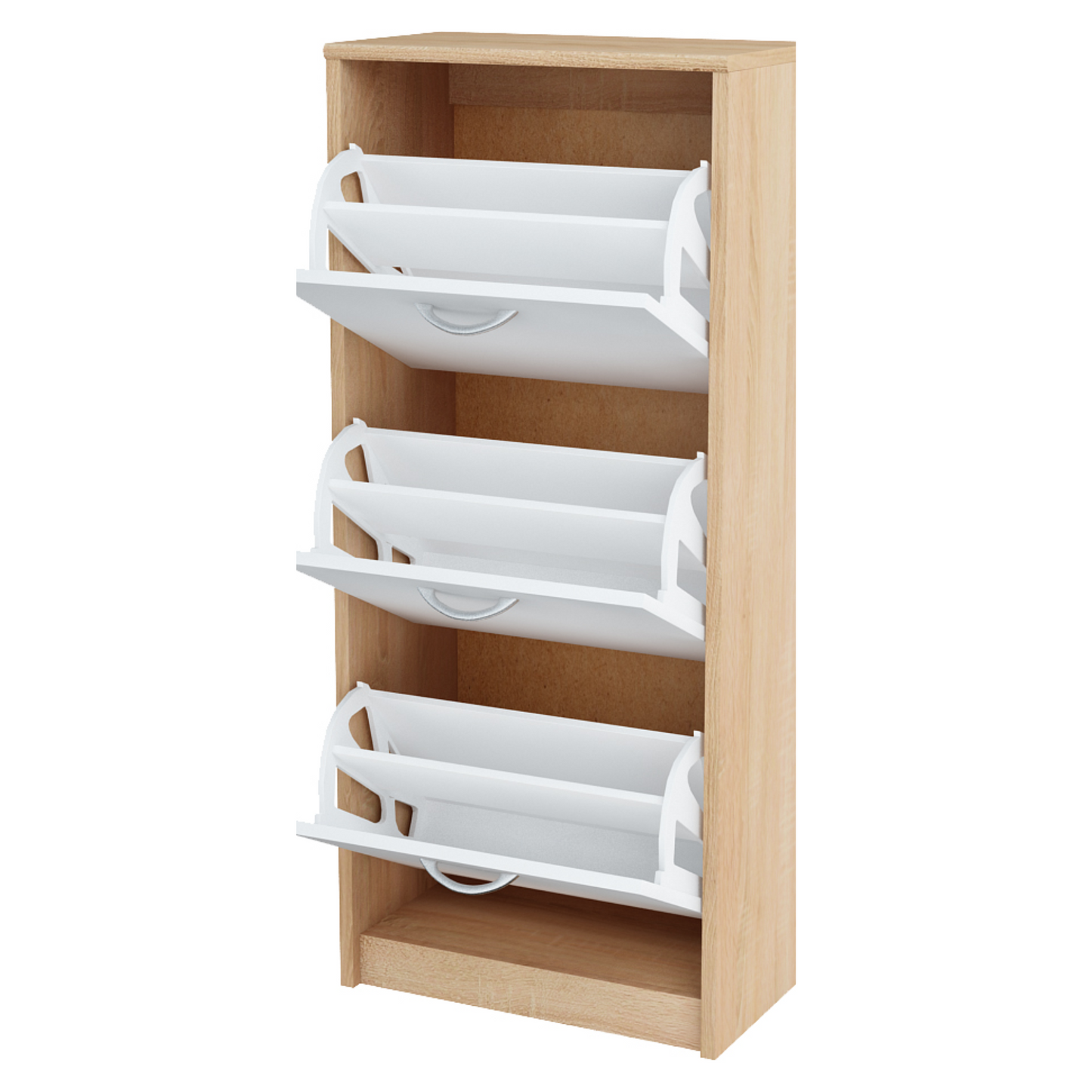 JULIA - Botník na boty - 3 patra úložného prostoru - Sonoma dub / bílý matný - Výška 116 cm, šířka 50 cm, hloubka 28 cm.