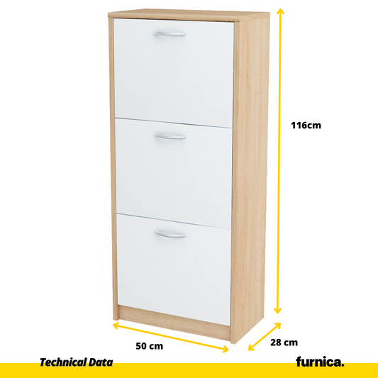JULIA - Botník na boty - 3 patra úložného prostoru - Sonoma dub / bílý matný - Výška 116 cm, šířka 50 cm, hloubka 28 cm.