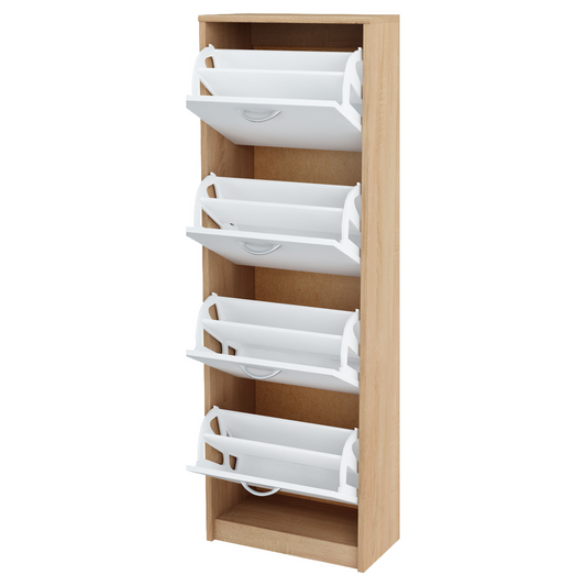 JULIA - Botník na boty - 4 patra úložného prostoru - Sonoma dub / bílý matný - Výška 152 cm, šířka 50 cm, hloubka 28 cm.