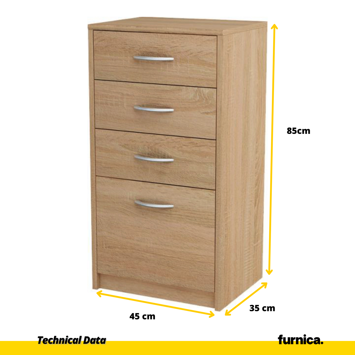 JULIA - Komoda se 4 zásuvkami - Skříň na uložení oblečení do ložnice - Sonoma dub - V85cm Š45cm H35cm