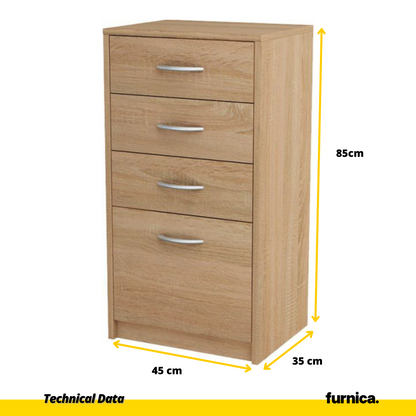 JULIA - Komoda se 4 zásuvkami - Skříň na uložení oblečení do ložnice - Sonoma dub - V85cm Š45cm H35cm