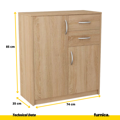 JULIA - Komoda se 2 šuplíky a 2 dveřmi - Skříň na oblečení do ložnice - Sonoma dub - Výška 85 cm, šířka 74 cm, hloubka 35 cm.