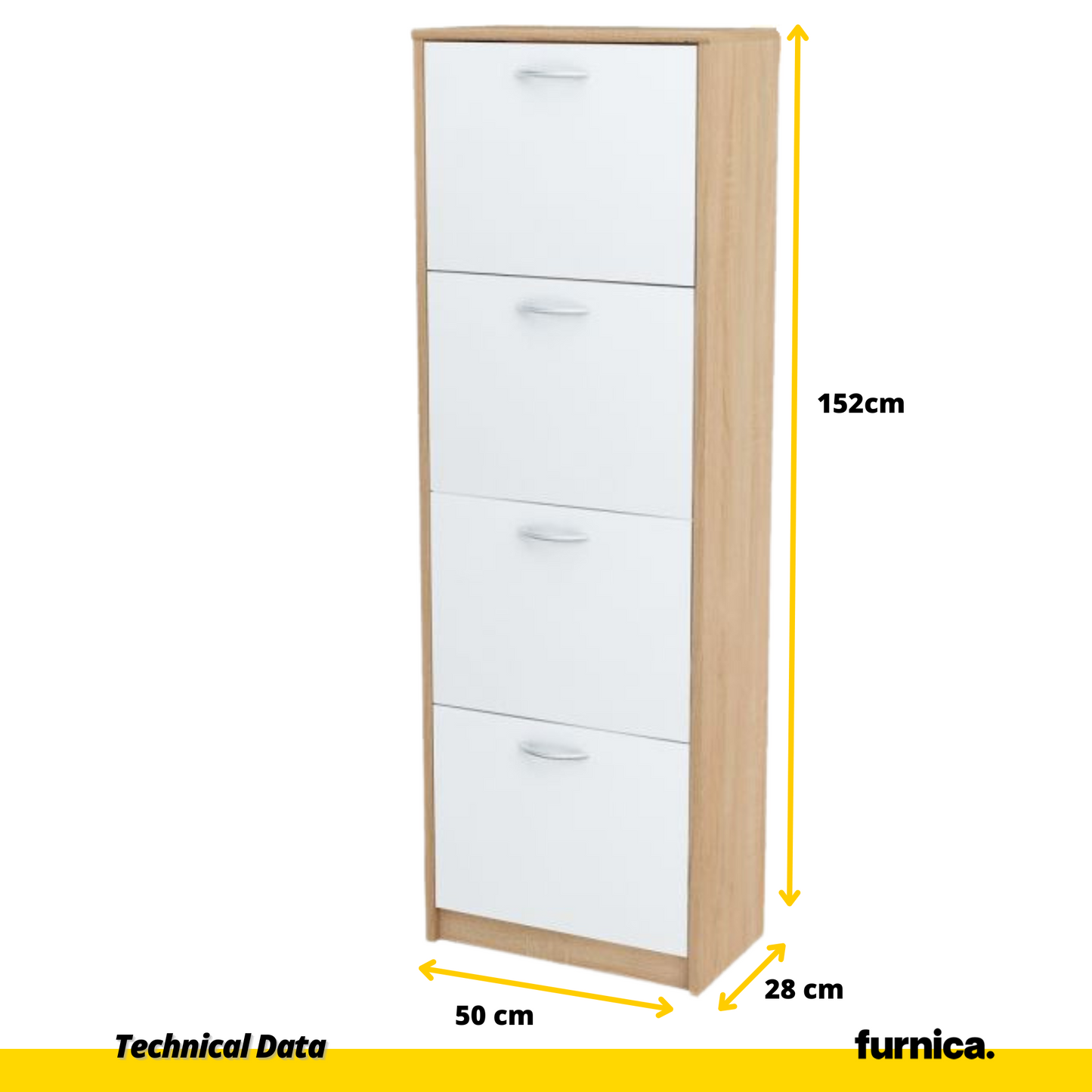 JULIA - Botník na boty - 4 patra úložného prostoru - Sonoma dub / bílý matný - Výška 152 cm, šířka 50 cm, hloubka 28 cm.