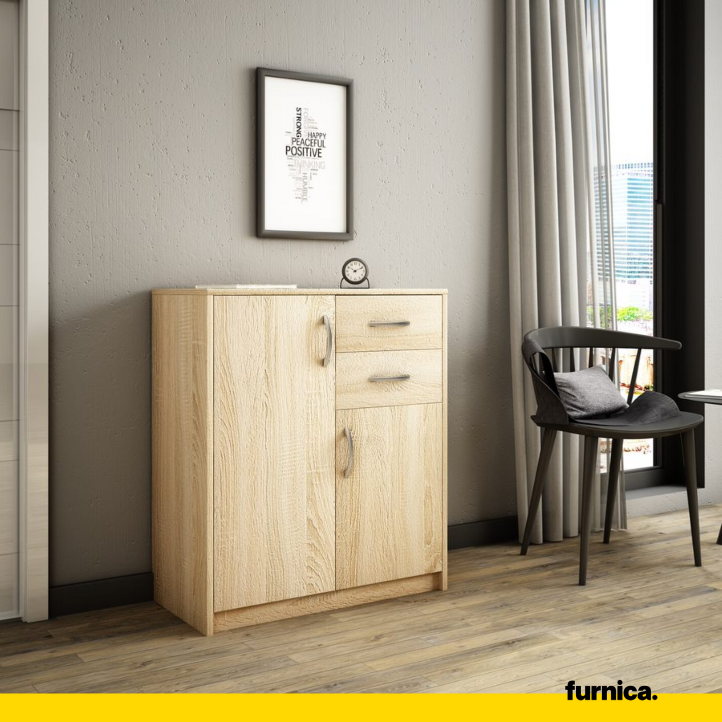 JULIA - Komoda se 2 šuplíky a 2 dveřmi - Skříň na oblečení do ložnice - Sonoma dub - Výška 85 cm, šířka 74 cm, hloubka 35 cm.