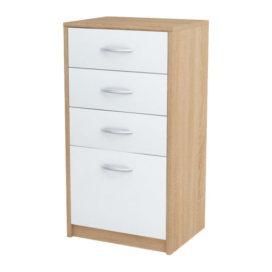 JULIA - Komoda se 4 zásuvkami - Skříň na uložení oblečení do ložnice - Sonoma dub / bílý matný povrch - Výška 85 cm, šířka 45 cm, hloubka 35 cm.