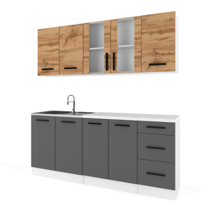 GONZO - Kuchyňská sestava - Anthracite / Wotan Oak s pracovní deskou - 6 jednotek - 200 cm