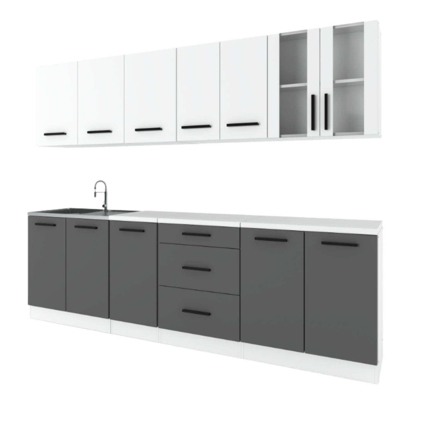 RENO - Kuchyňská sestava - antracit / bílá matná s pracovní deskou - 8 jednotek - 260 cm