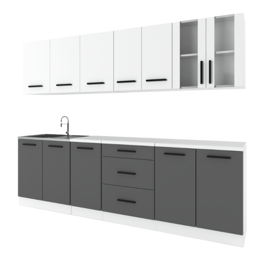 RENO - Kuchyňská sestava - antracit / bílá matná s pracovní deskou - 8 jednotek - 260 cm