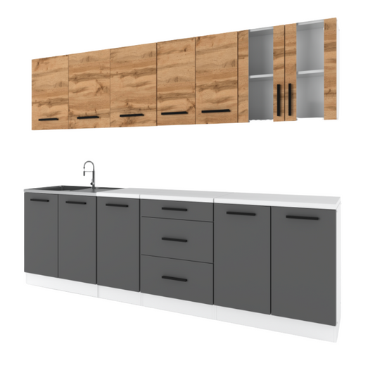 RENO - Kuchyňská sestava - Anthracite / Wotan Oak s pracovní deskou - 8 jednotek - 260 cm