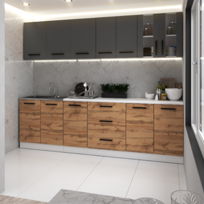 RENO - Kuchyňská sestava - Wotan dub / antracit s pracovní deskou - 8 jednotek - 260 cm
