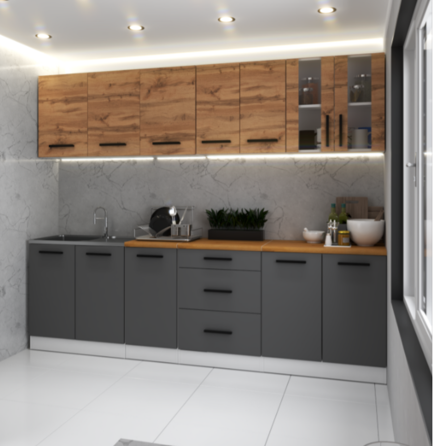 RENO - Kuchyňská sestava - Anthracite / Wotan Oak s pracovní deskou - 8 jednotek - 260 cm