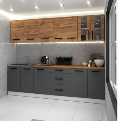 RENO - Kuchyňská sestava - Anthracite / Wotan Oak s pracovní deskou - 8 jednotek - 260 cm