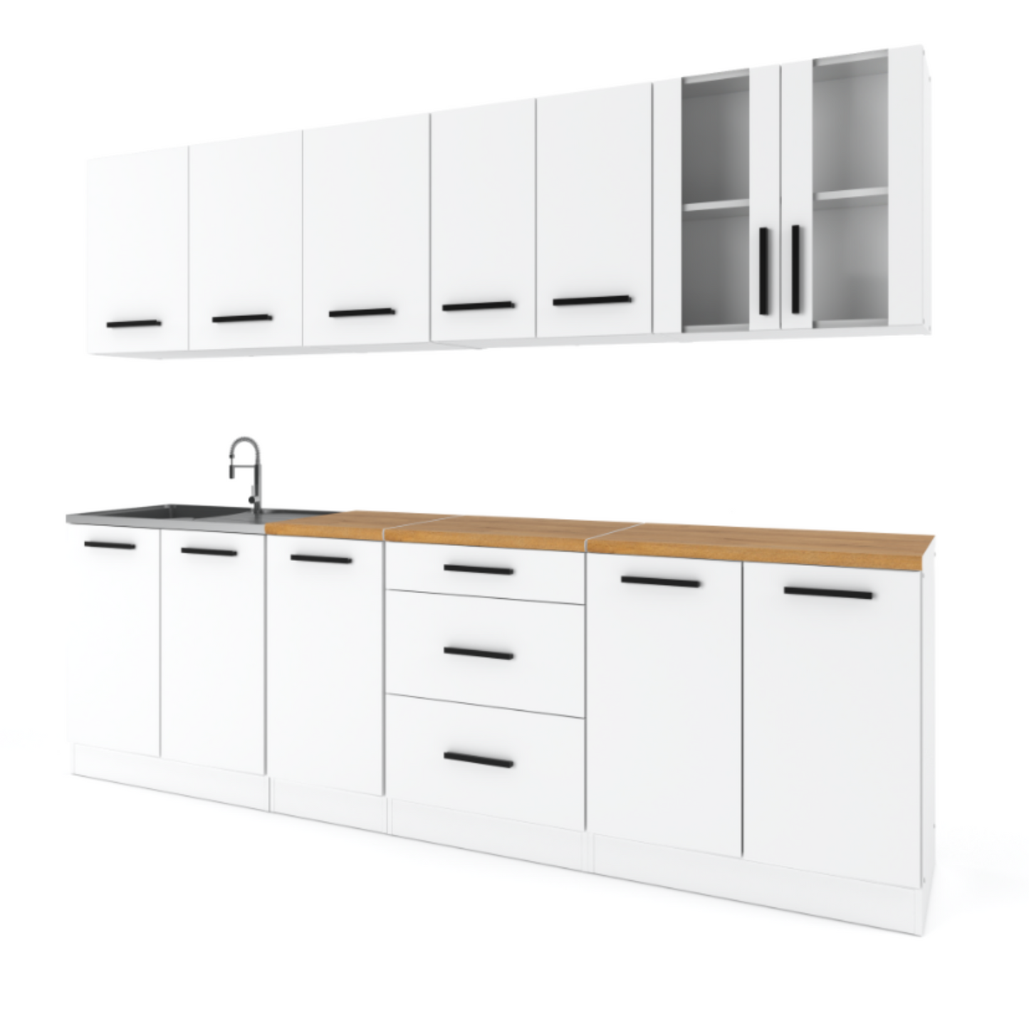 RENO - Kuchyňská sestava - Bílý mat s pracovní deskou - 8 jednotek - 260 cm