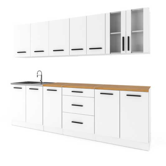 RENO - Kuchyňská sestava - Bílý mat s pracovní deskou - 8 jednotek - 260 cm