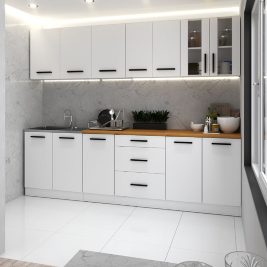 RENO - Kuchyňská sestava - Bílý mat s pracovní deskou - 8 jednotek - 260 cm