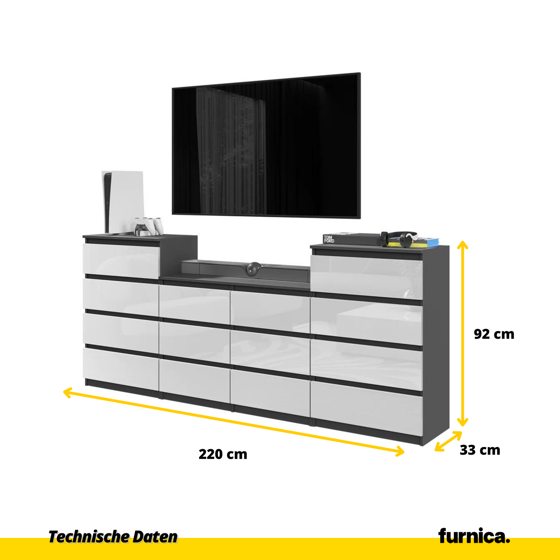 GABRIEL - Komoda se 14 šuplíky (4+6+4) - Skříň na oblečení do ložnice - Antracit / Bílý lesk - H92/70cm Š220cm D33cm (2)