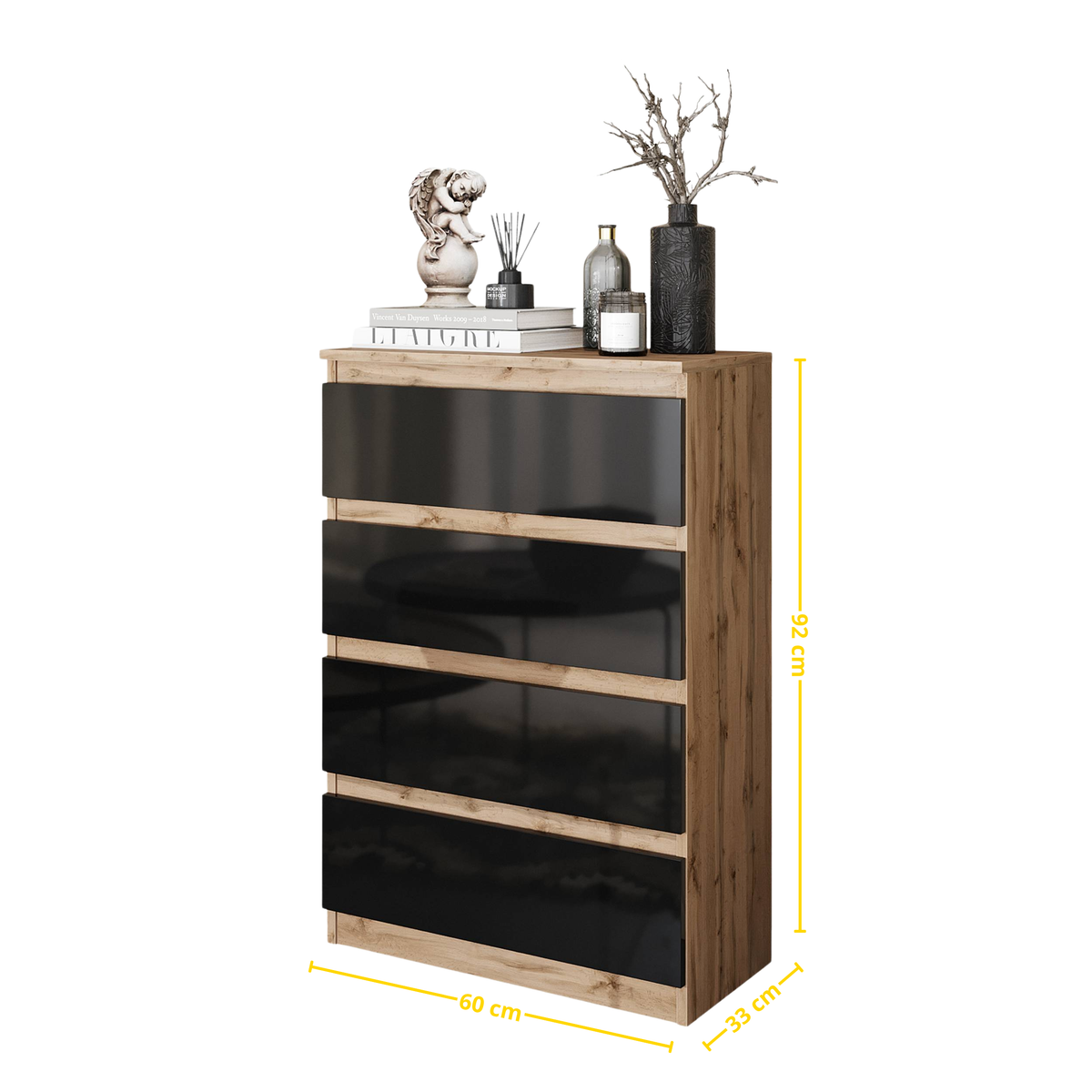 GABRIEL - Komoda se 4 šuplíky - Skříň na oblečení do ložnice - Dub Wotan / Černý lesk - H92cm Š60cm D33cm (2)