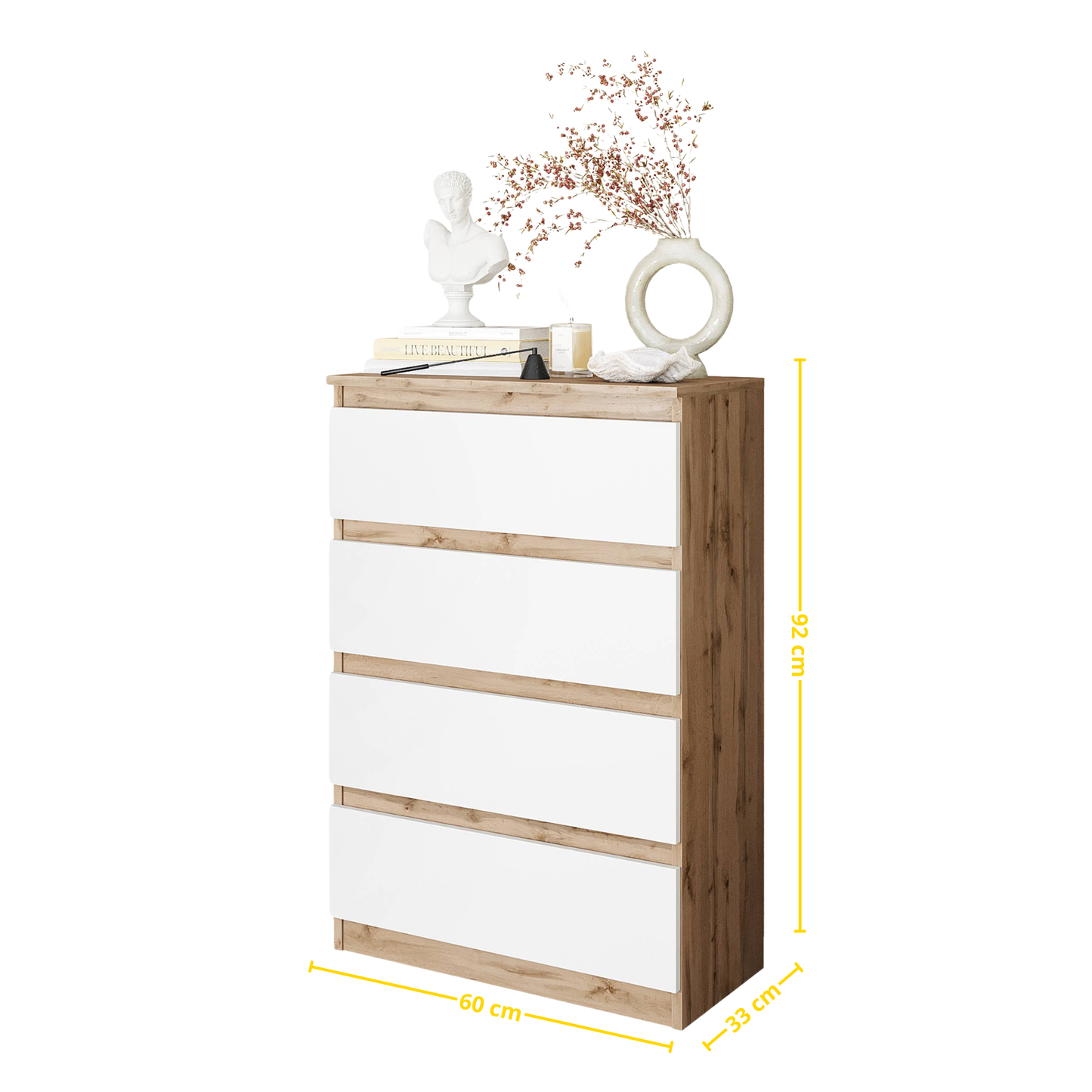 GABRIEL - Komoda se 4 šuplíky - Skříň na oblečení do ložnice - Dub Wotan / Bílá matná - H92cm Š60cm D33cm (2)