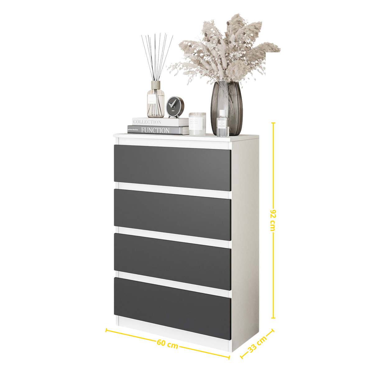 GABRIEL - Komoda se 4 šuplíky - Skříň na oblečení do ložnice - Bílá matná / Antracit - H92cm Š60cm D33cm (2)