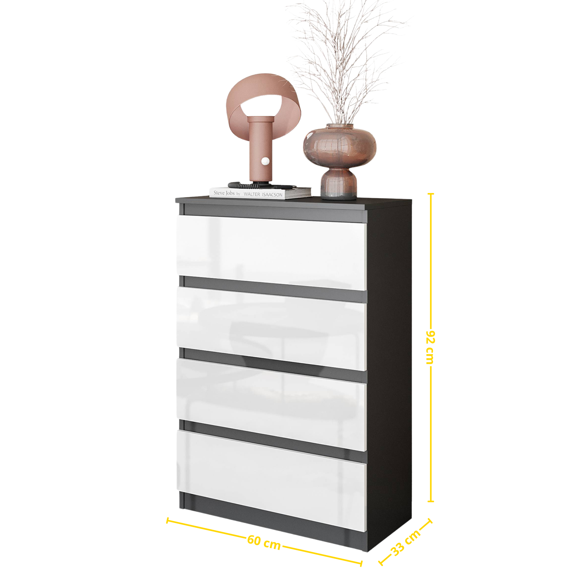 GABRIEL - Komoda se 4 šuplíky - Skříň na oblečení do ložnice - Antracit / Bílý lesk - H92cm Š60cm D33cm (2)