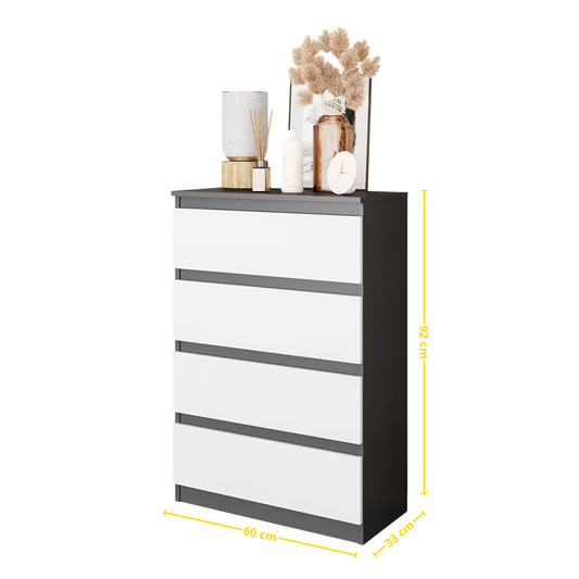 GABRIEL - Komoda se 4 šuplíky - Skříň na oblečení do ložnice - Antracit / Bílá matná - H92cm Š60cm D33cm (2)