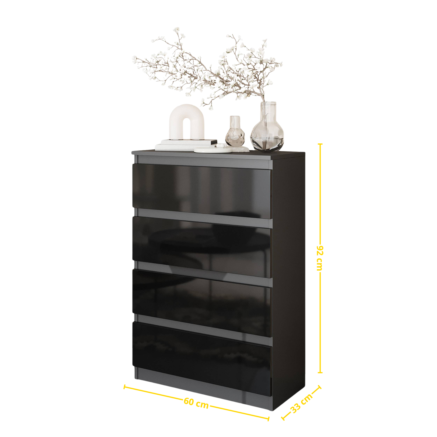 GABRIEL - Komoda se 4 šuplíky - Skříň na oblečení do ložnice - Antracit / Černý lesk - H92cm Š60cm D33cm (2)