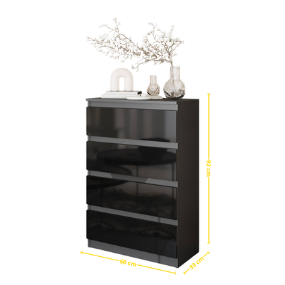 GABRIEL - Komoda se 4 šuplíky - Skříň na oblečení do ložnice - Antracit / Černý lesk - H92cm Š60cm D33cm (2)