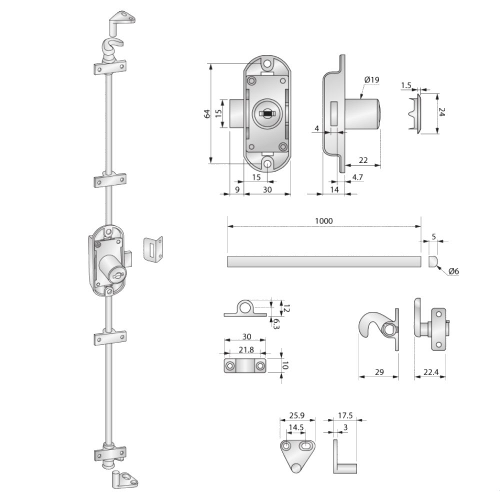 Otočný zámkový prut 19x22mm, 2 pruty L-1000mm, niklový (3) – Furnica